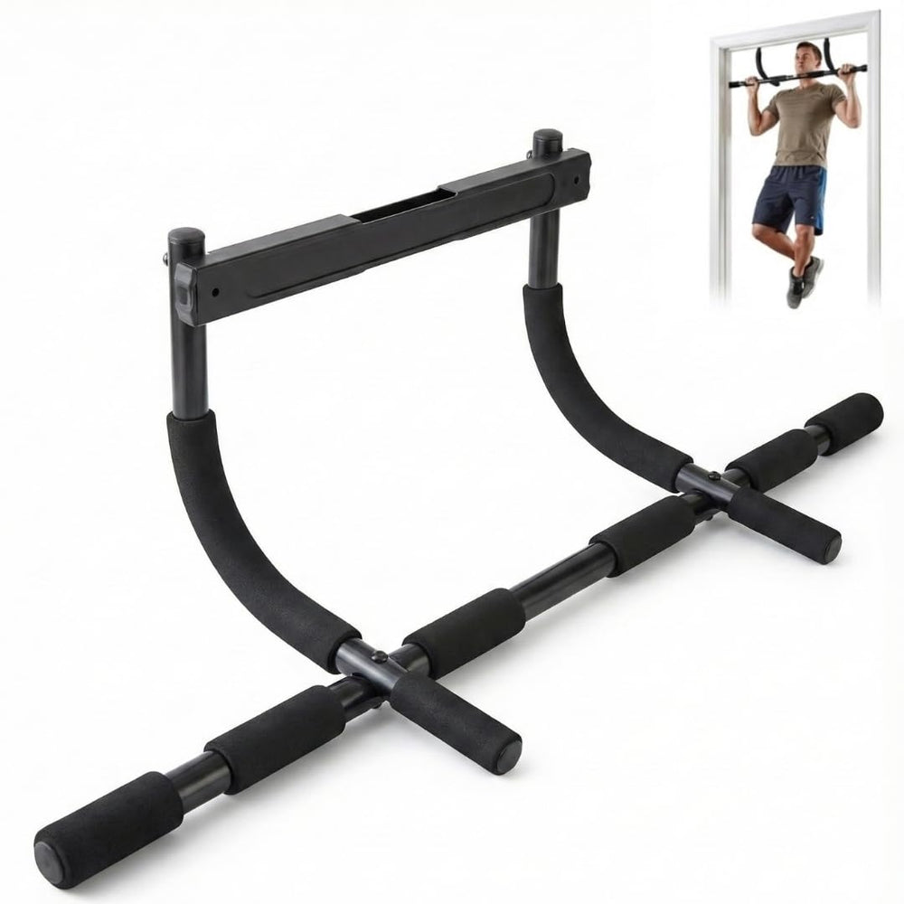 ENERGI CORE front view of doorway pull up bar showing sturdy frame and grips benefiting home workouts