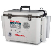 ENGEL front view of 30qt bait cooler showing lid and handles, durable storage