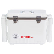 ENGEL UC19 front view showing compact white hard shell and latches, durable protection