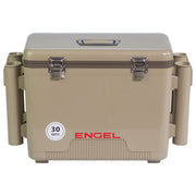 ENGEL UC30 front view showing tan hard shell and secure latches, durable protection