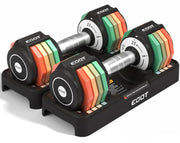 EOAT adjustable dumbbell set front packaging shows compact, colorful design and benefits
