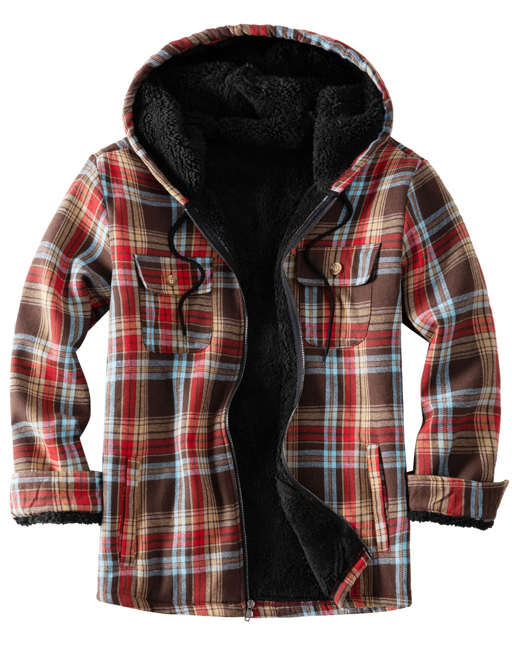Ephemoca front view of plaid hooded jacket showing casual style and warmth