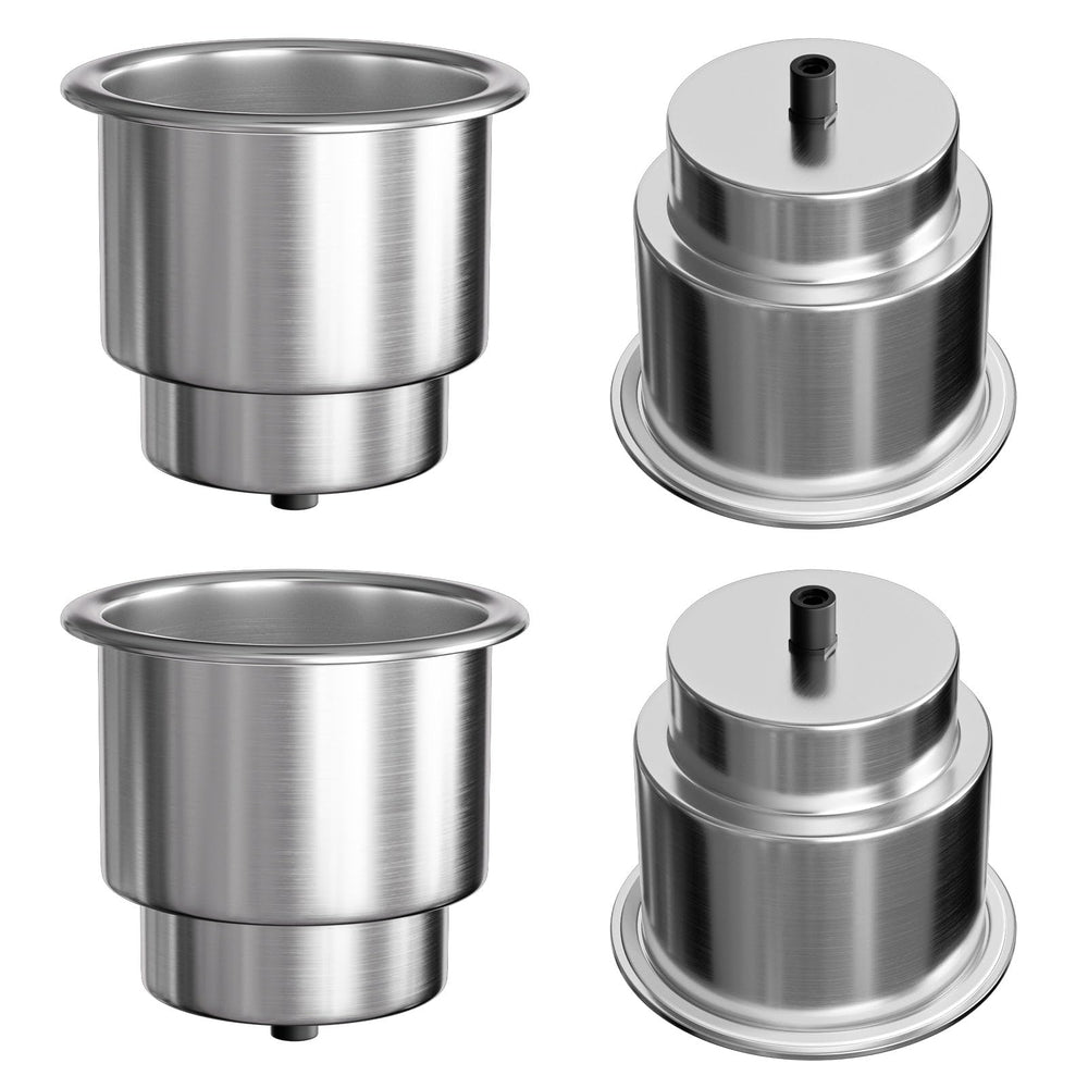EQUSPUR front view of four stainless cup holders showing polished finish and shape benefit corrosion resistance