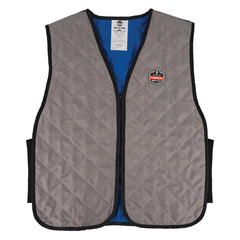 Ergodyne front view gray vest showing full zipper and cooling panels for comfort