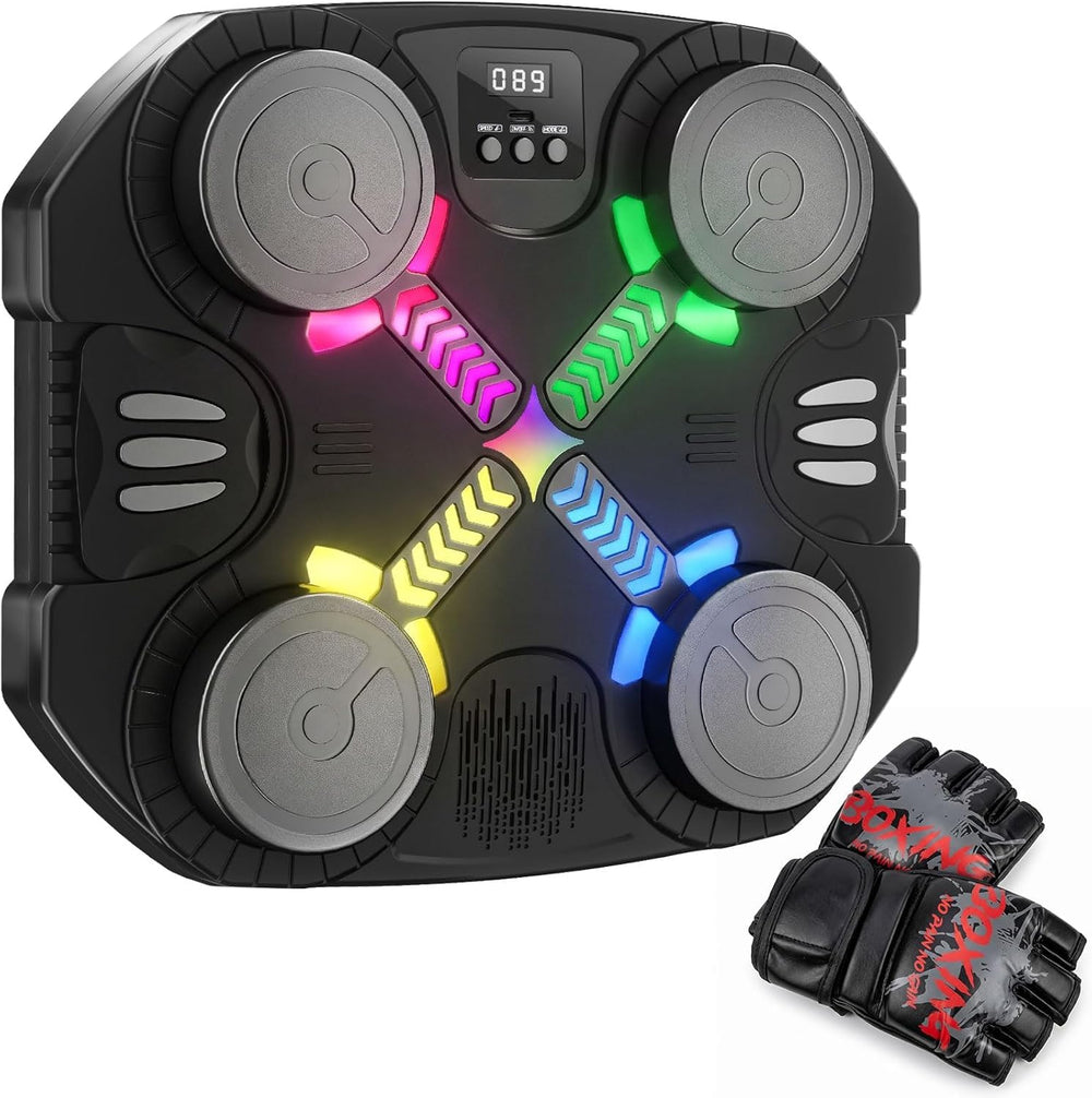 Esnowlee front view black boxing machine showing LEDs and target — fun active play