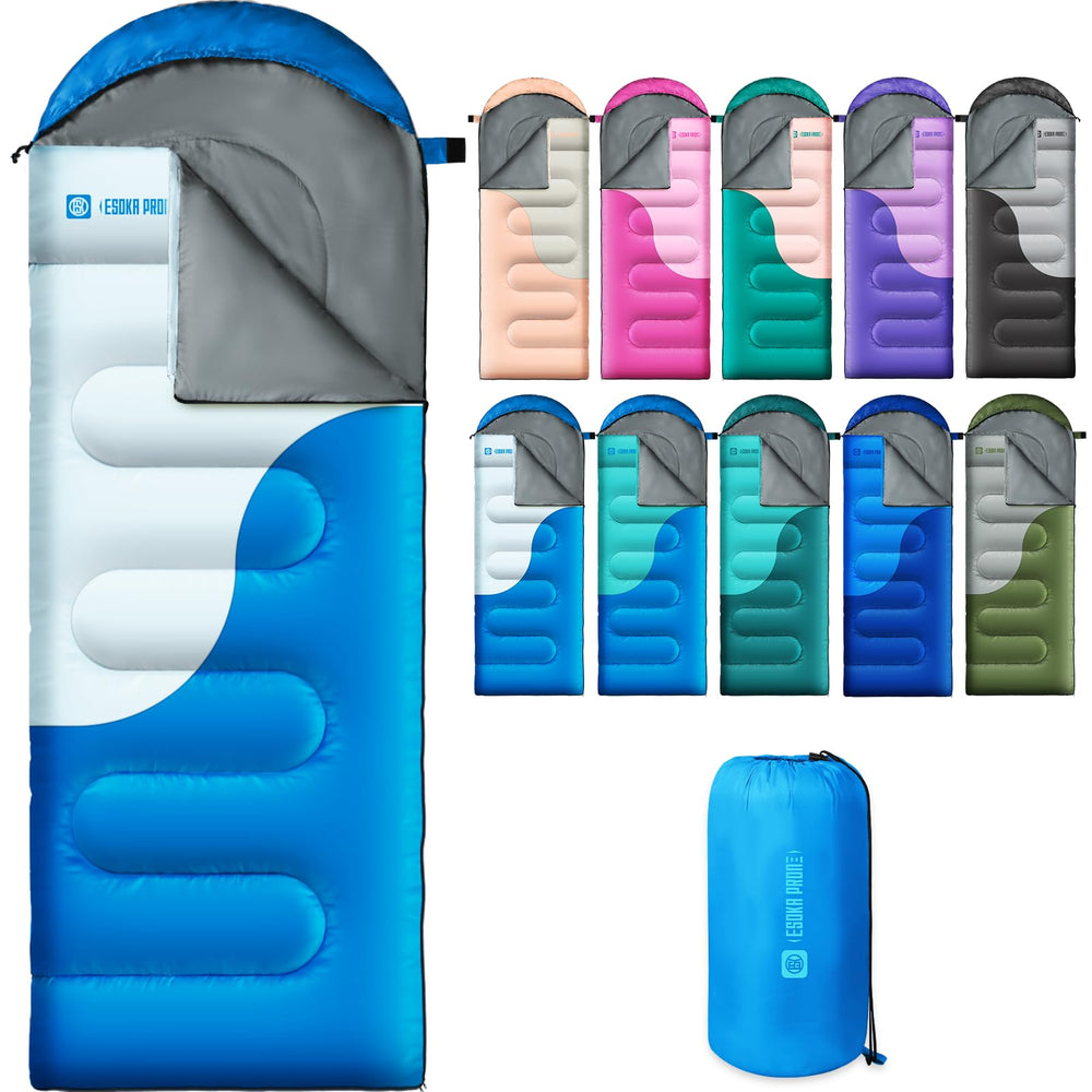ESOKA PRON Sky front view showing full rectangular sleeping bag and roomy fit