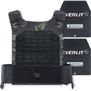 EVERLIT front view black camo vest showing secure fit and included plates benefit increased workout resistance