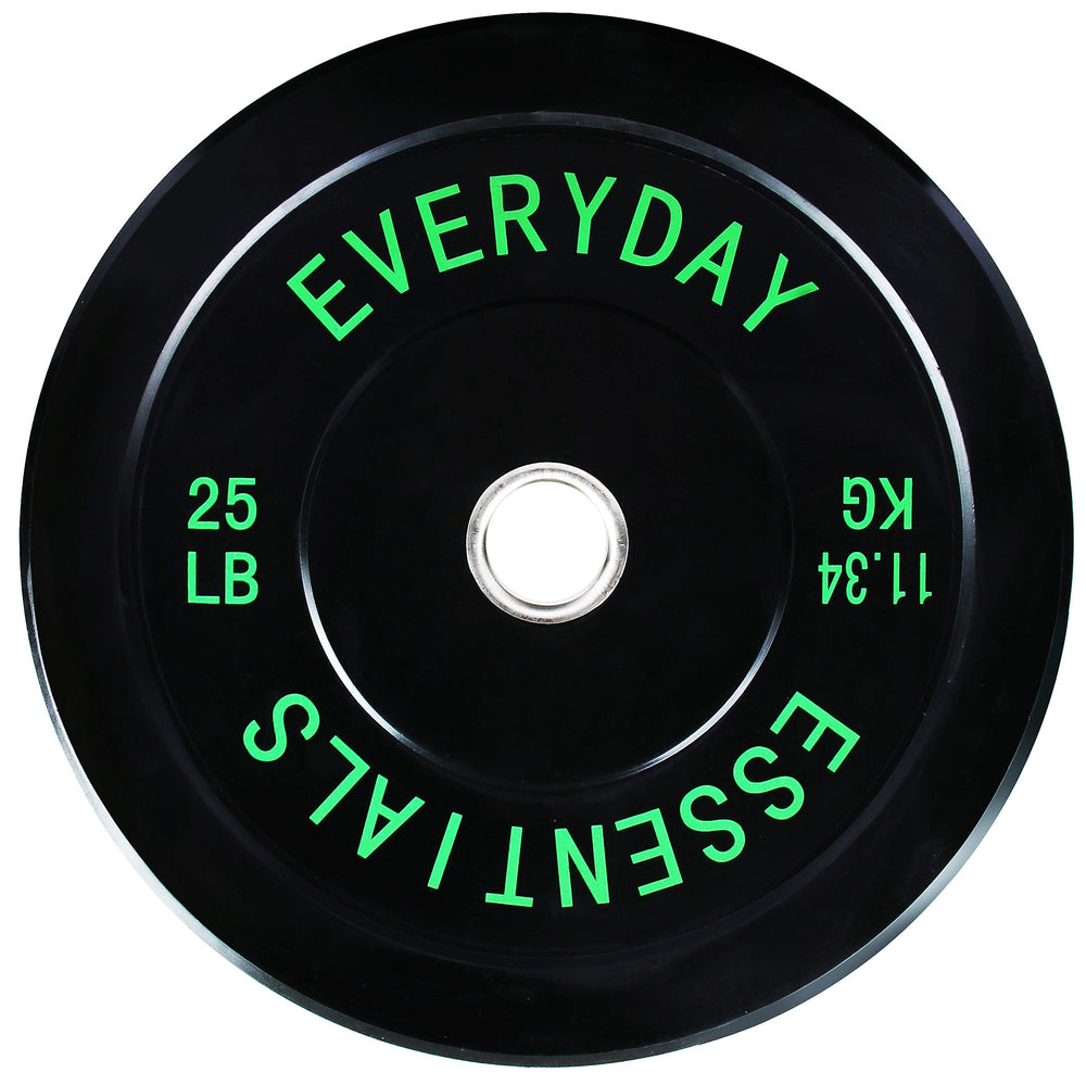 Everyday Essentials 25LB bumper plate front view showing clear weight markings and durable rubber