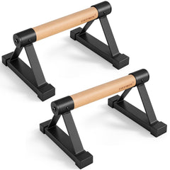 EVERYMATE parallettes front view showing stable beech construction and ergonomic grip
