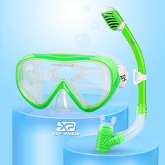 EXP VISION front view of green kids snorkel set showing complete kit and fit benefit
