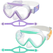 EXP VISION front view of purple and aqua masks showing wide 180° lens benefit