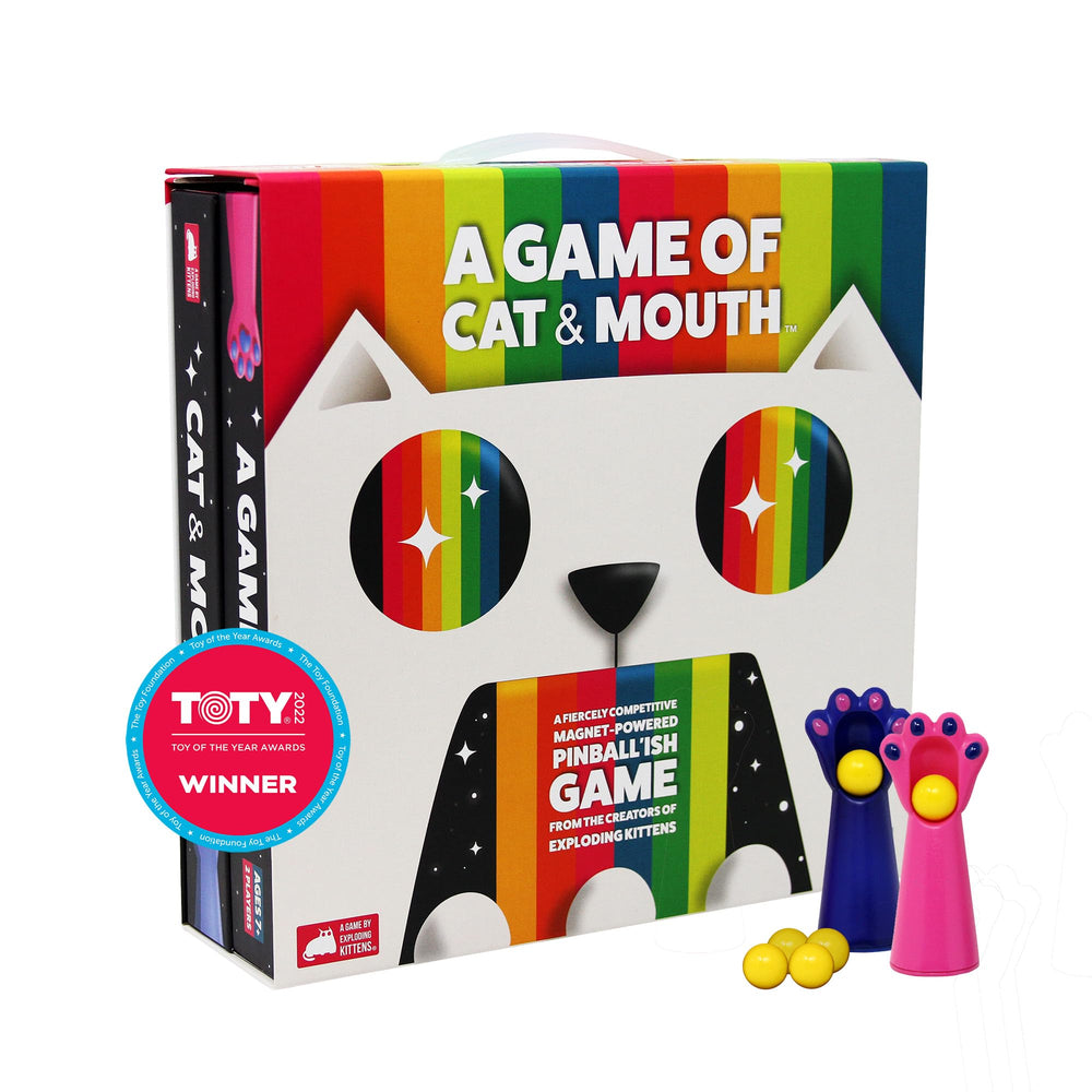 Exploding Kittens front packaging showing game artwork and compact box benefit