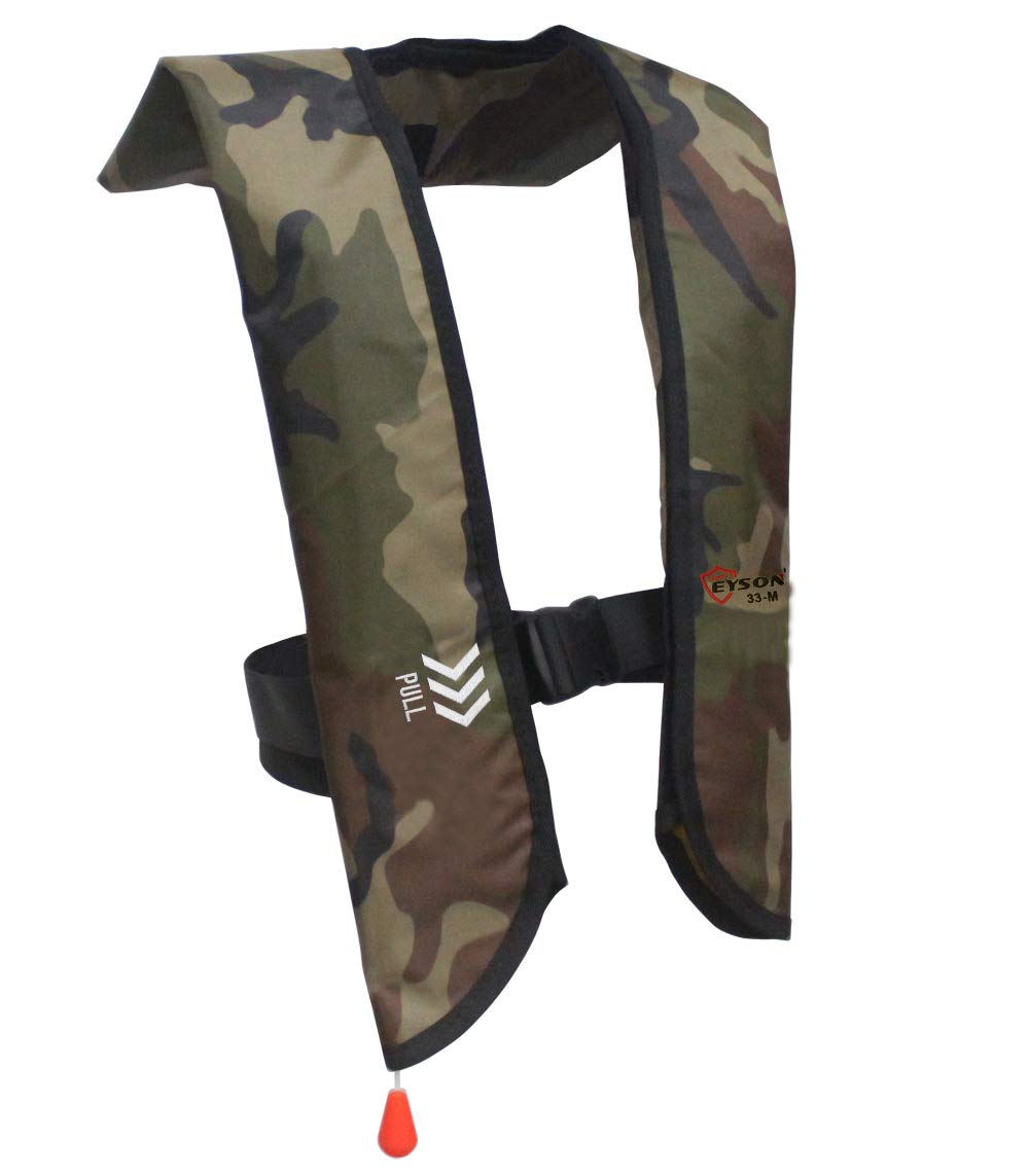 Eyson life jacket front view showing camouflage and secure fit benefit