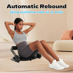 Fairgom folded ab machine stored under sofa demonstrating space-saving benefit