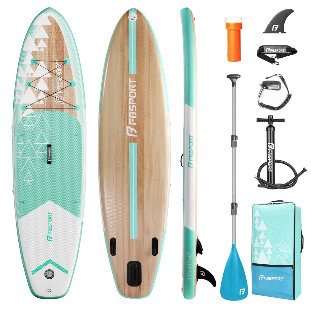 FBSPORT 11' paddle board front view showing wide stable deck and standing space