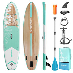 FBSPORT 11' paddle board front view showing wide stable deck and standing space