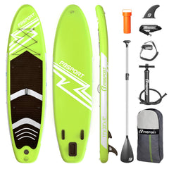 FBSPORT front view of fruit green 11-foot SUP showing shape and stability