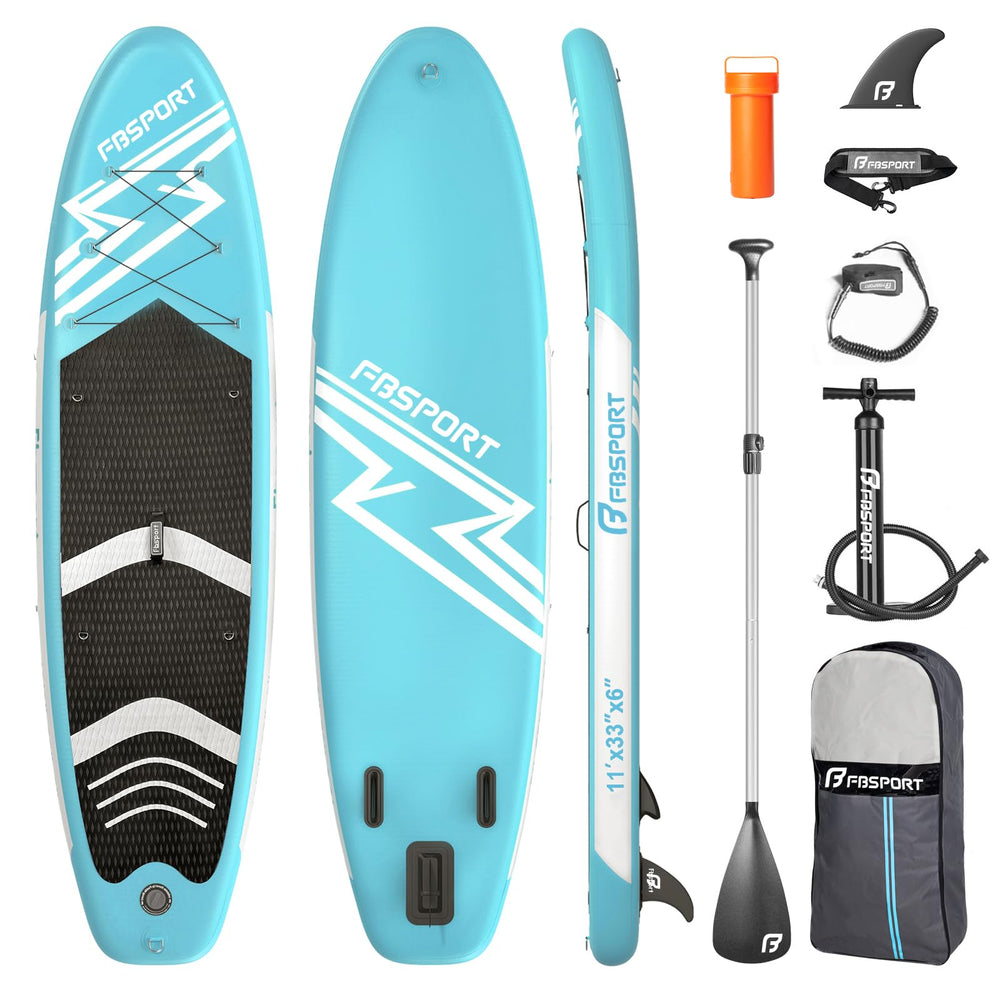 FBSPORT front view of ice blue SUP showing stable wide stance and balance