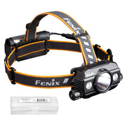 Fenix HP30R front view showing dual beams and head strap for hands-free work