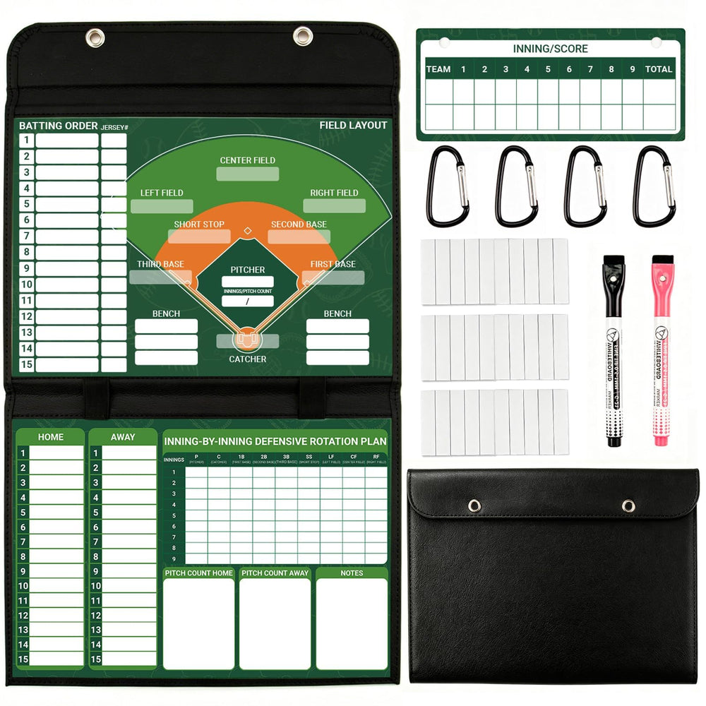 Fentoros front view of dugout lineup board showing clear printable sections and magnets for fast setup