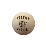 Filthy Fives hardwood ball front view showing laser-etched logo and portable design benefit