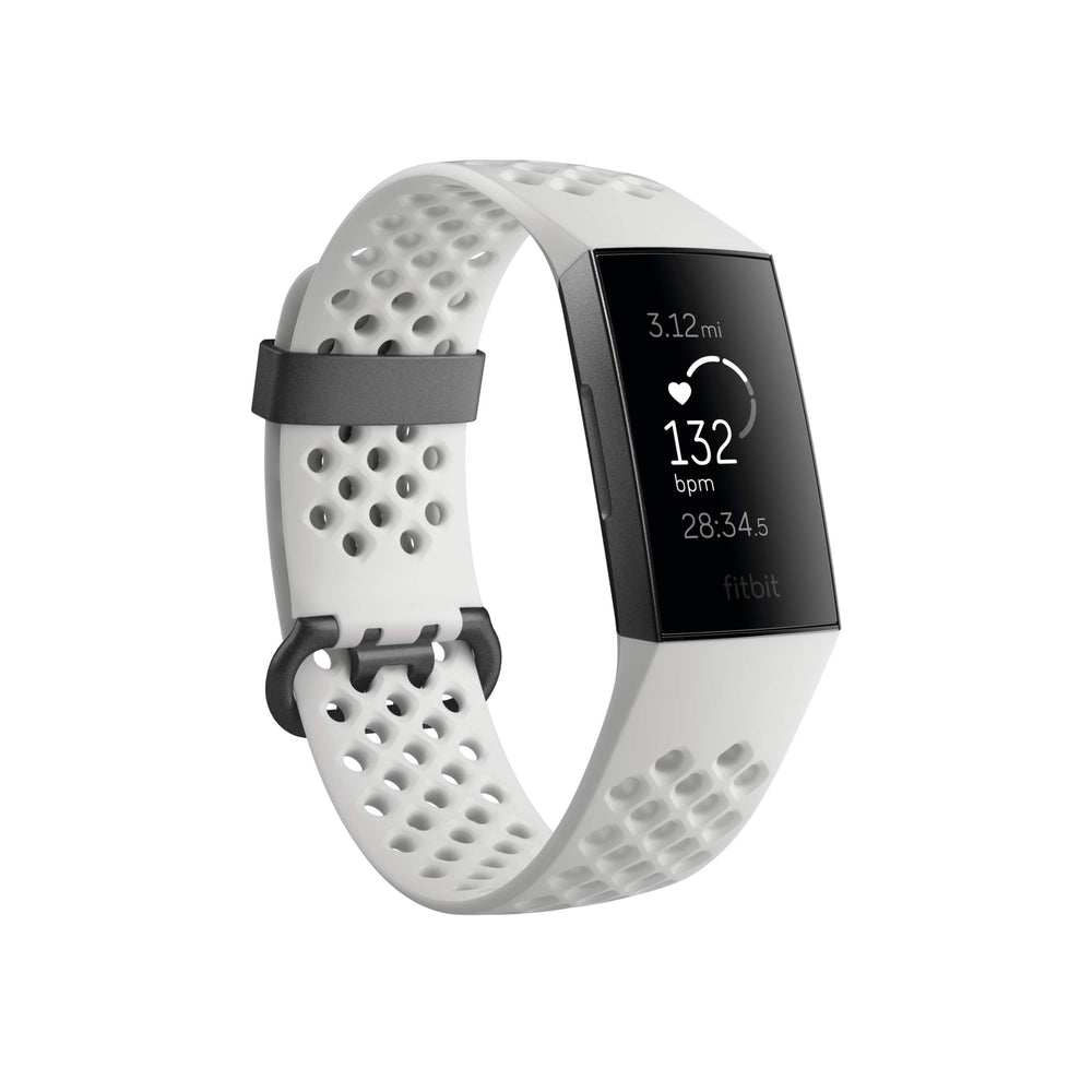 Fitbit Charge 3 SE front view showing clear display and slim profile benefit tracking at a glance