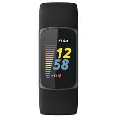 Fitbit Charge 5 close-up of bright color touchscreen showing metrics for easy outdoor readability