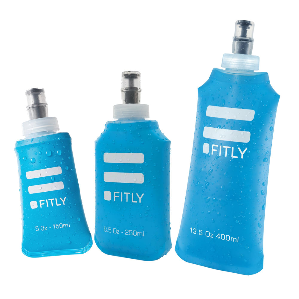 FITLY soft flask 3 pack front view showing blue flasks and packaging convenience