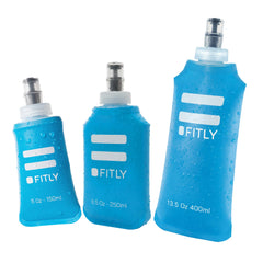 FITLY soft flask 3 pack front view showing blue flasks and packaging convenience