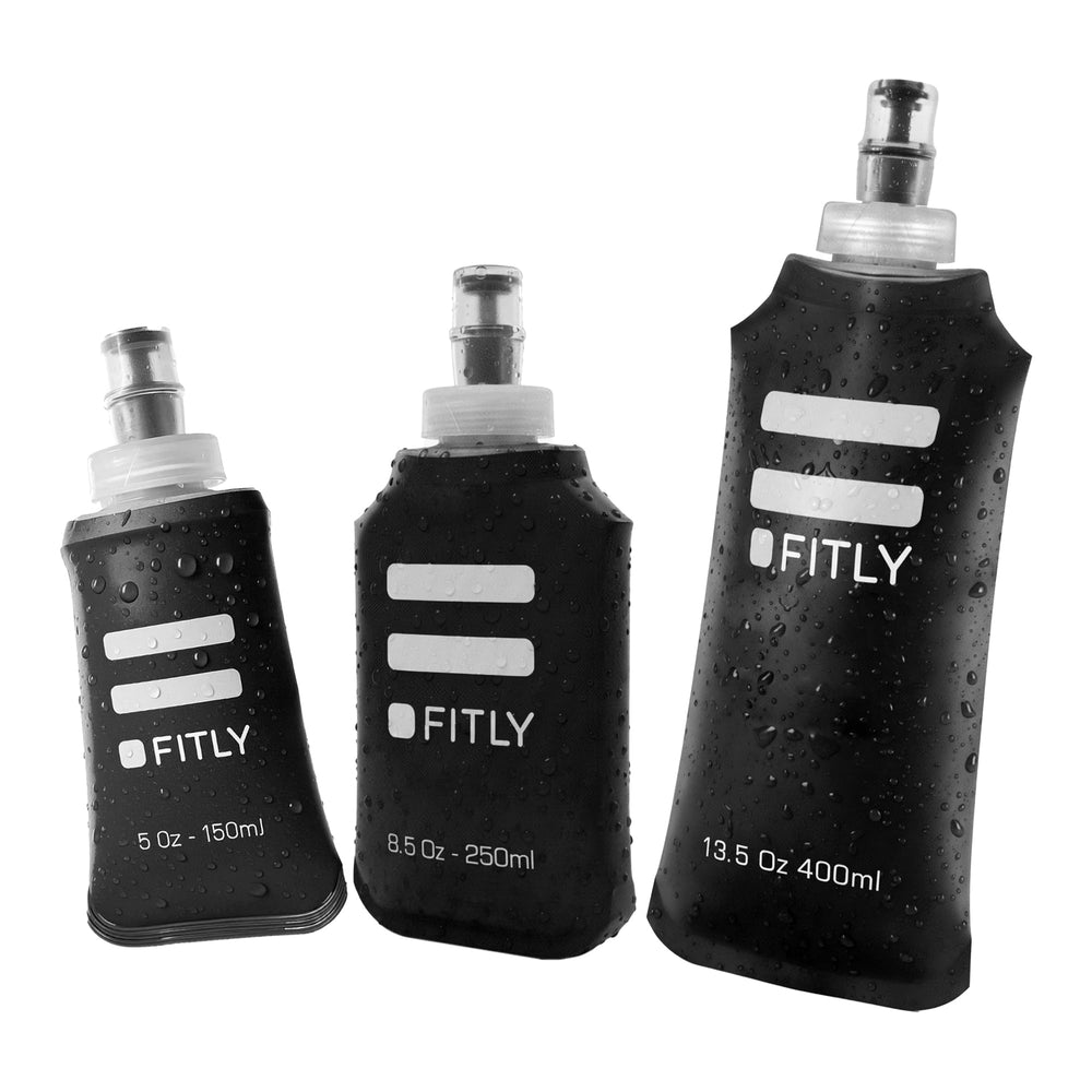 FITLY soft flask front packshot showing three sizes and portability
