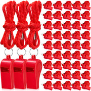 Flutesan front-packaging view showing 48 red whistles and lanyards for easy distribution