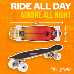 Flybar close-up of 7-ply Canadian maple deck grain and printed grip tape for stable traction