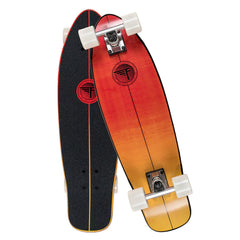 Flybar front view of complete cruiser board showing full deck and graphics, easy portability