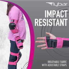 Flybar knee pad closeup of ABS hard cap and stitching — durable impact protection visible