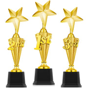 Foilswirl front view of three trophies showing clear numbered reliefs and proud presentation