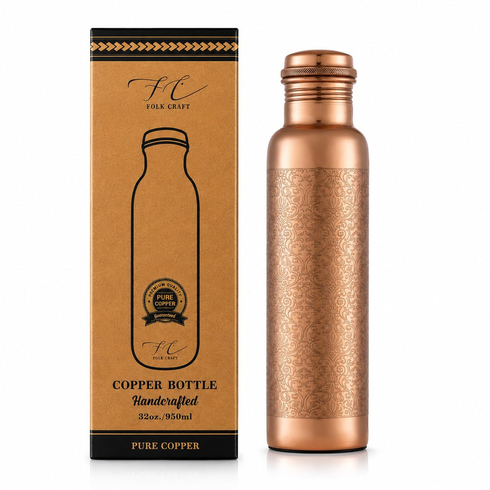 FOLK CRAFT front view engraved copper bottle showing design and durability