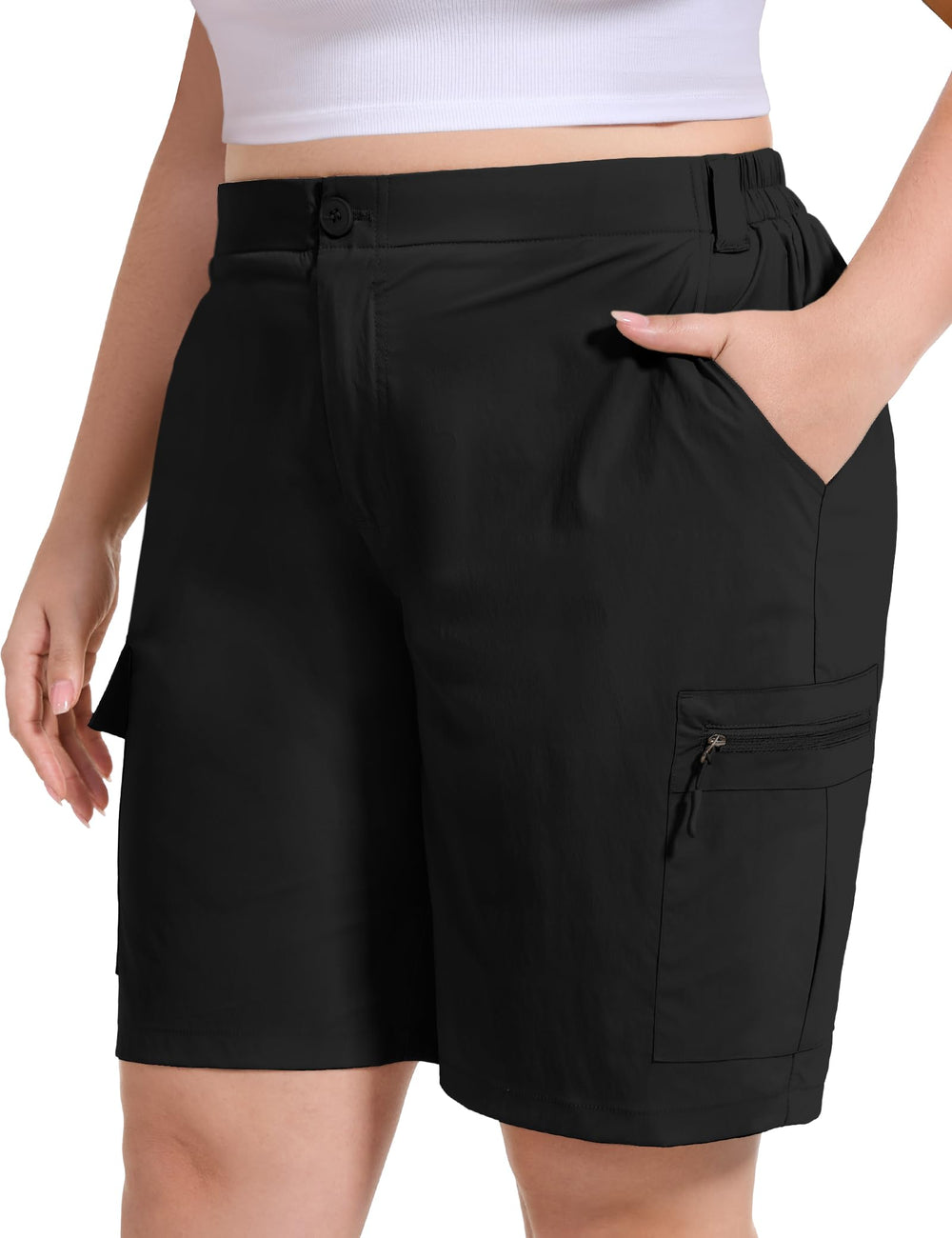 FOREYOND front view of black plus size bermuda shorts showing fit and style