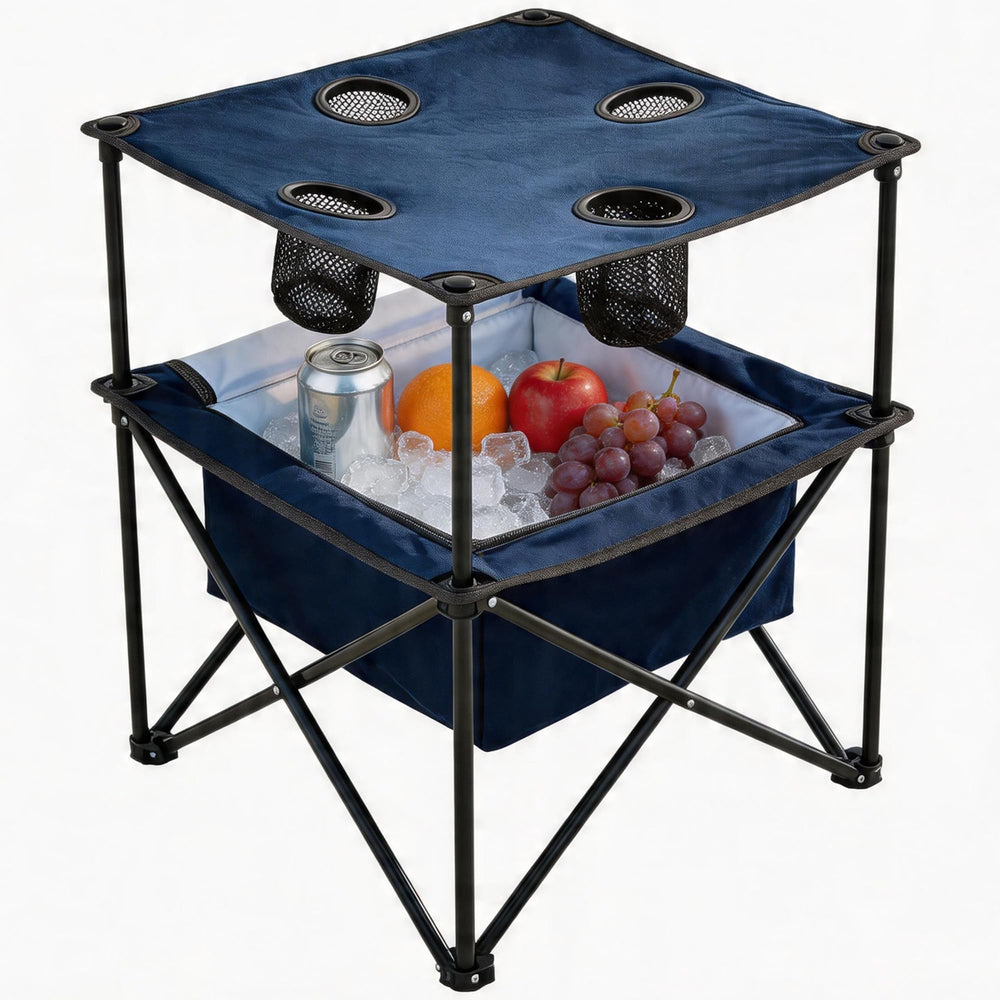 Foristrail front view of navy folding table showing stable surface and cup holders for organized outdoor dining