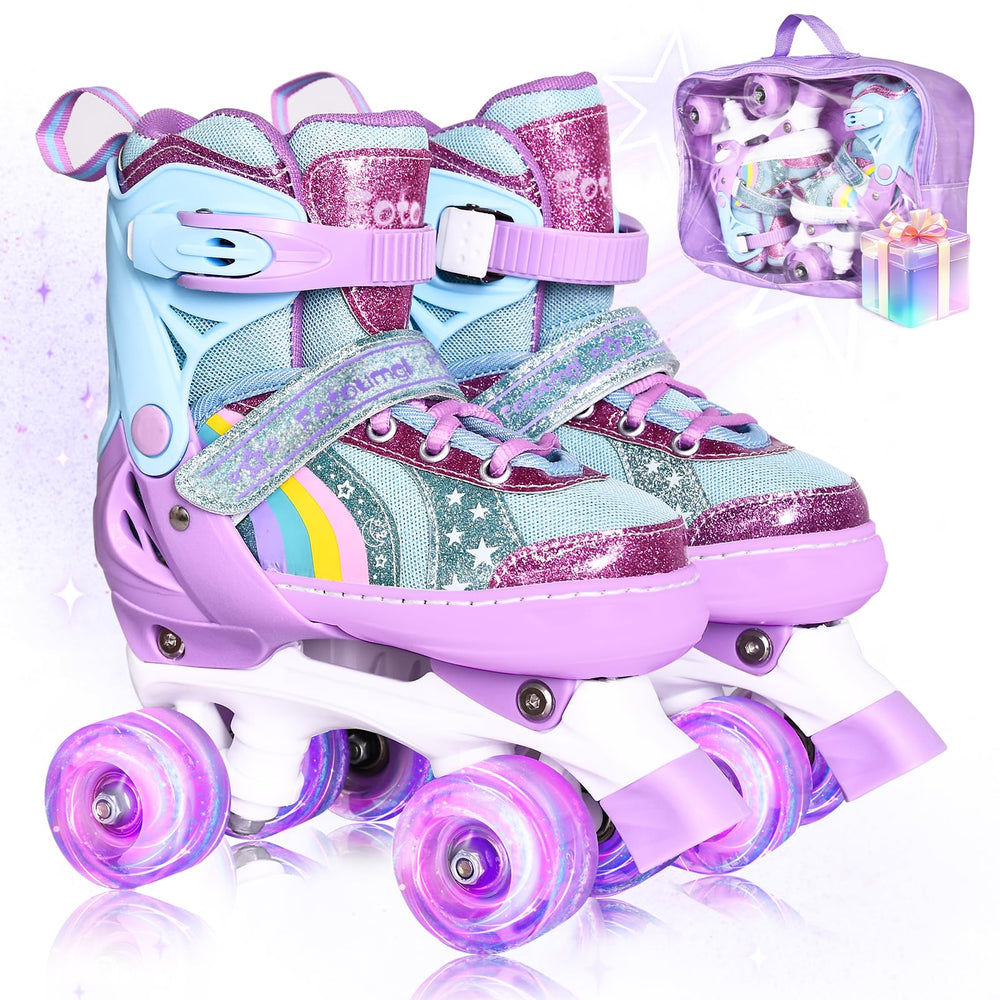 Fotoumgl front view of skates showing stable stance and colorful wheels