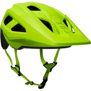 Fox Racing helmet front view showing TRVRS design and bold flo yellow color for visibility