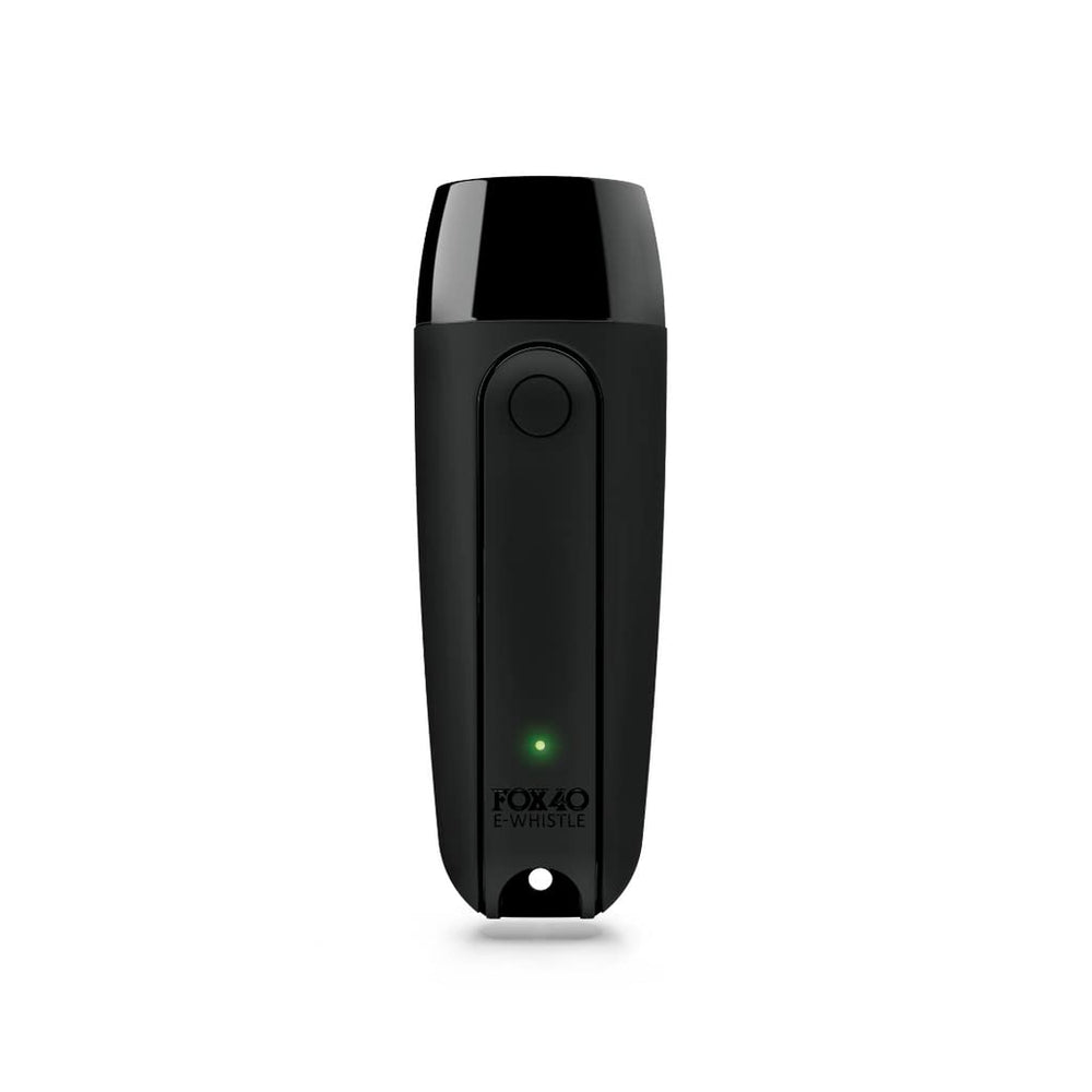 Fox 40 front packaging showing the black rechargeable whistle and case, clear product identification and portability