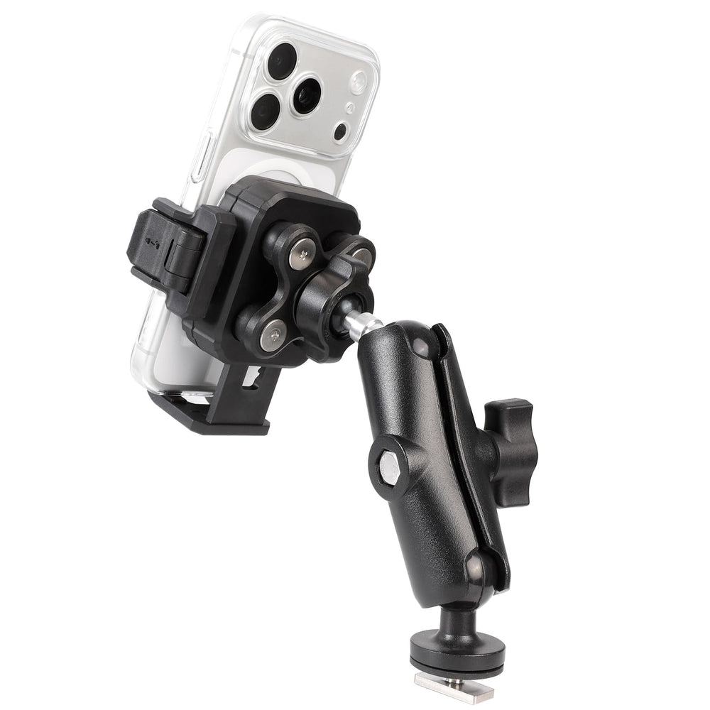 FPN phone holder front view showing secure clamp and clear camera access benefit