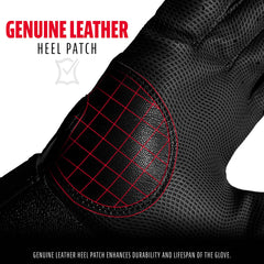 Franklin Sports heel patch detail highlighting genuine leather reinforcement for durability