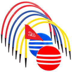 Franklin Sports front view of Kick Croquet set showing components and benefits