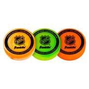 Franklin Sports front view of 3-pack street hockey puck showing packaging and colors for quick selection