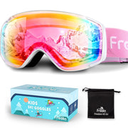 Freela front view of kids snow goggles showing wide mirrored lens and clear field of vision