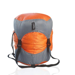 Frelaxy compression sack front view showing bright orange color and zipped top, easy packing benefit