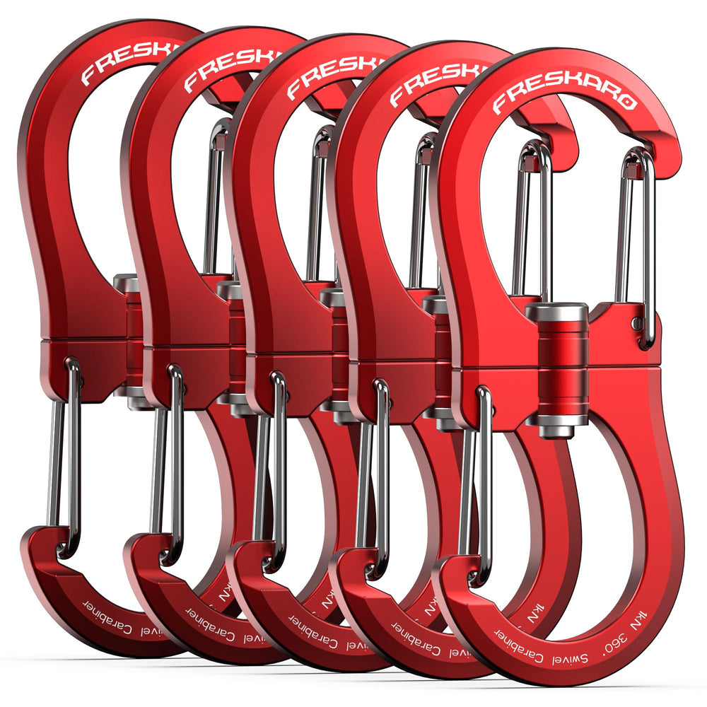 FresKaro front view of red 5-pack carabiners showing compact design and visibility