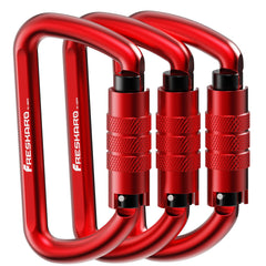 FresKaro front view of three red carabiners showing compact pack and visibility benefits