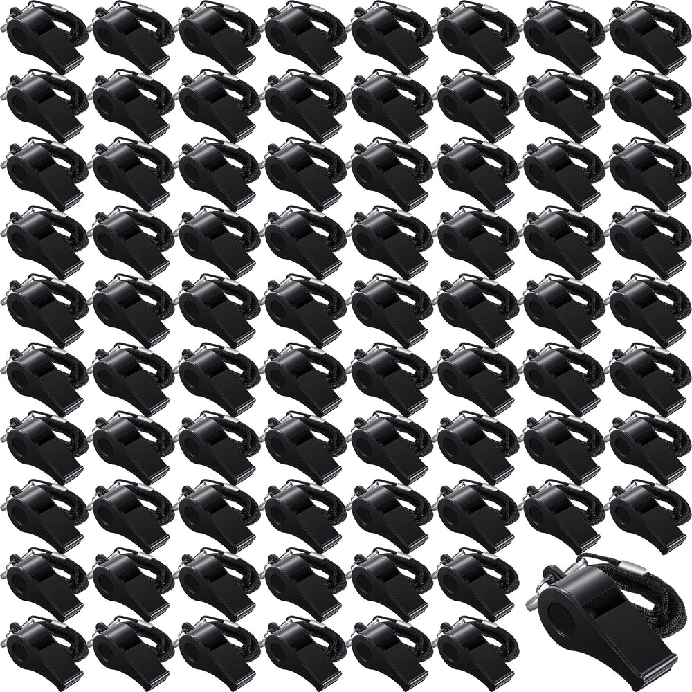 Frienda front view of 100 black whistles showing bulk quantity and convenience
